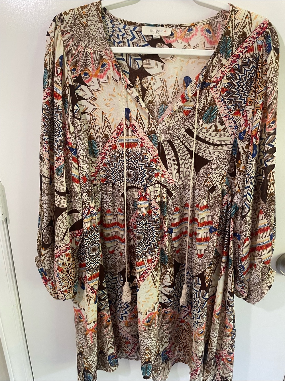 Umgee Cream Multicolor Boho Printed V-Neck Tunic,western,casual wear,plus size.